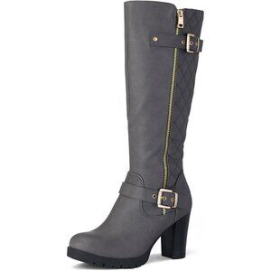 Women Grey Pu Knee High Fashion Chunky Block Heel Side Zipper Warm Winter Boot
